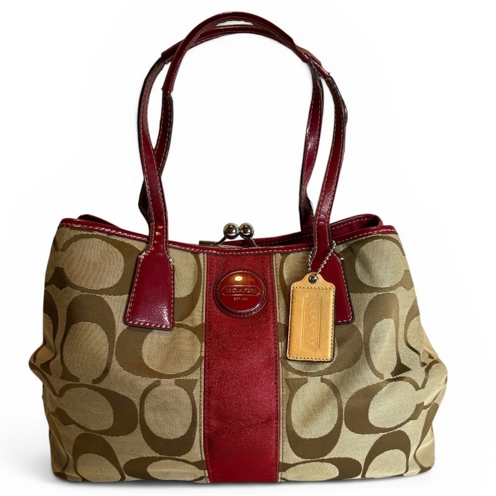 Coach Tan Signature Canvas Shoulder Bag with Red Leather Trim & kisslock